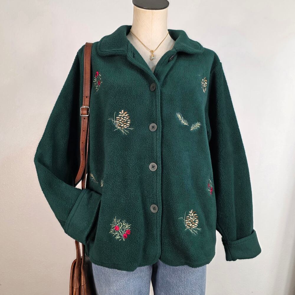 Vintage Green Fleece Collared Jacket Pinecone Embroidered Holiday Womens Large
